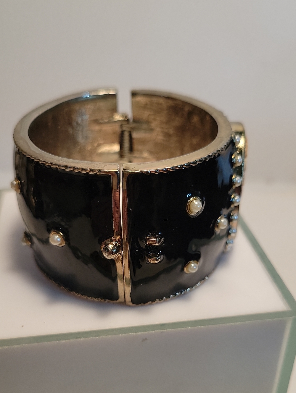 Amedeo Black Enamel Cameo Pearl Accent Cuff Bracelet - Picture 3 of 5